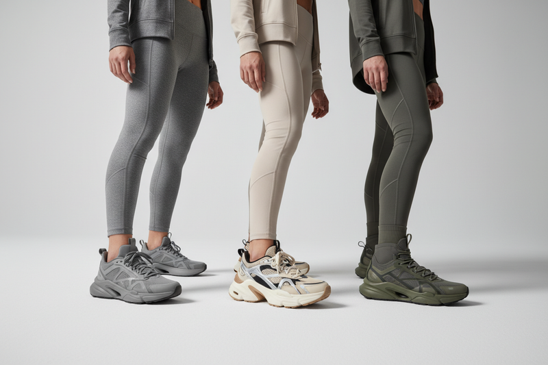 Three athletic women standing side by side in a dynamic pose, wearing premium modern sports shoes, focus on footwear details, diverse models with confident expressions, stylish athletic outfits in neutral tones, studio lighting with soft shadows, clean minimal background, luxury sportswear brand aesthetic, high fashion commercial photography, ultra-realistic, sharp focus, shallow depth of field, cinematic lighting, 8k quality --ar 16:9 --v 6 --style raw
